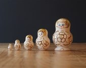 Vintage Russian Matryoshka Nesting Dolls - Set of 5 - Gold Leaf and Burned Wood Design