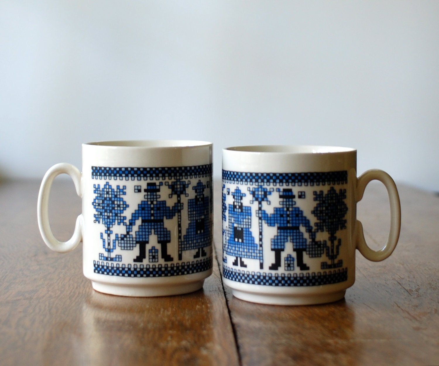 Pair West German Folk Mugs - Blue & White