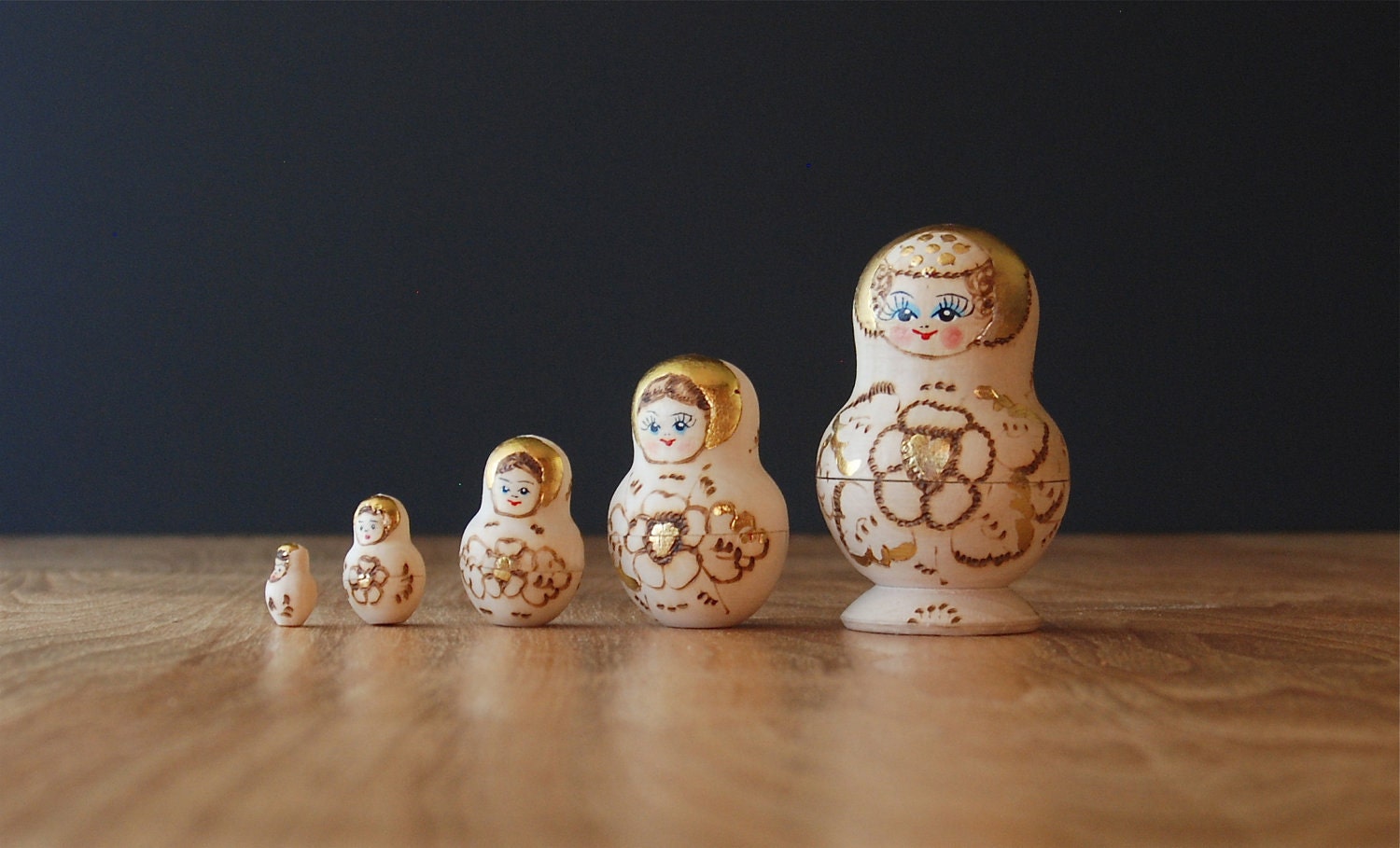 Vintage Russian Matryoshka Nesting Dolls - Set of 5 - Gold Leaf and Burned Wood Design