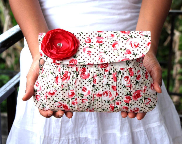 Valentine Gift for Her Red Rose Purse Pleated Wristlet with Sateen red flower