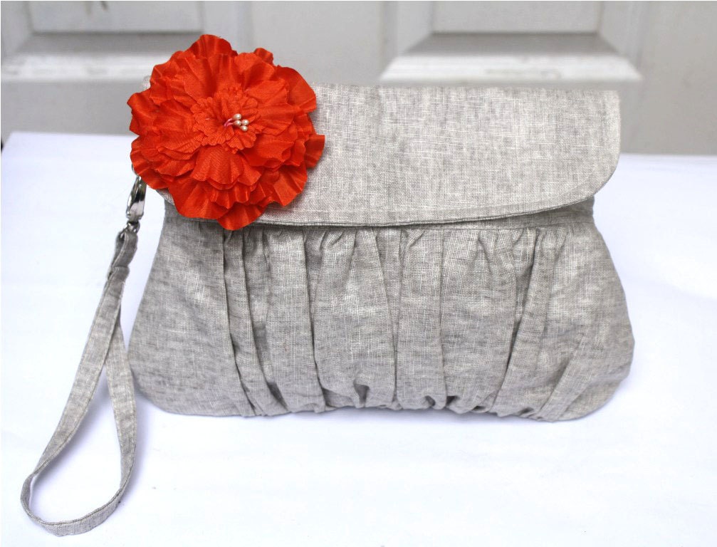 Wristlet Clutch Purse Grey Cotton linen with orange flower and detachable strap