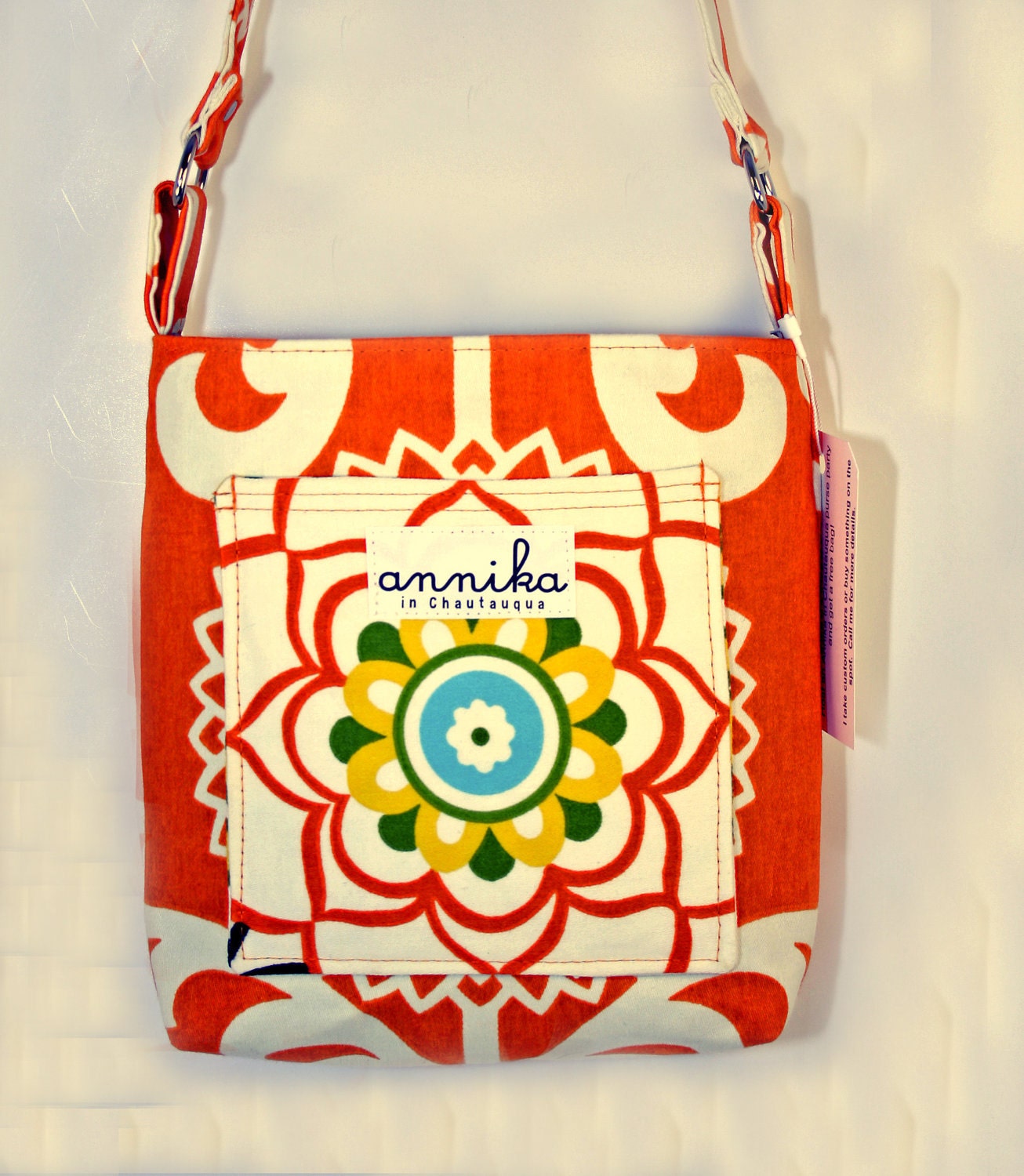 Handmade Cross-Body Purse in Fun Floret Orange with Gray Lining