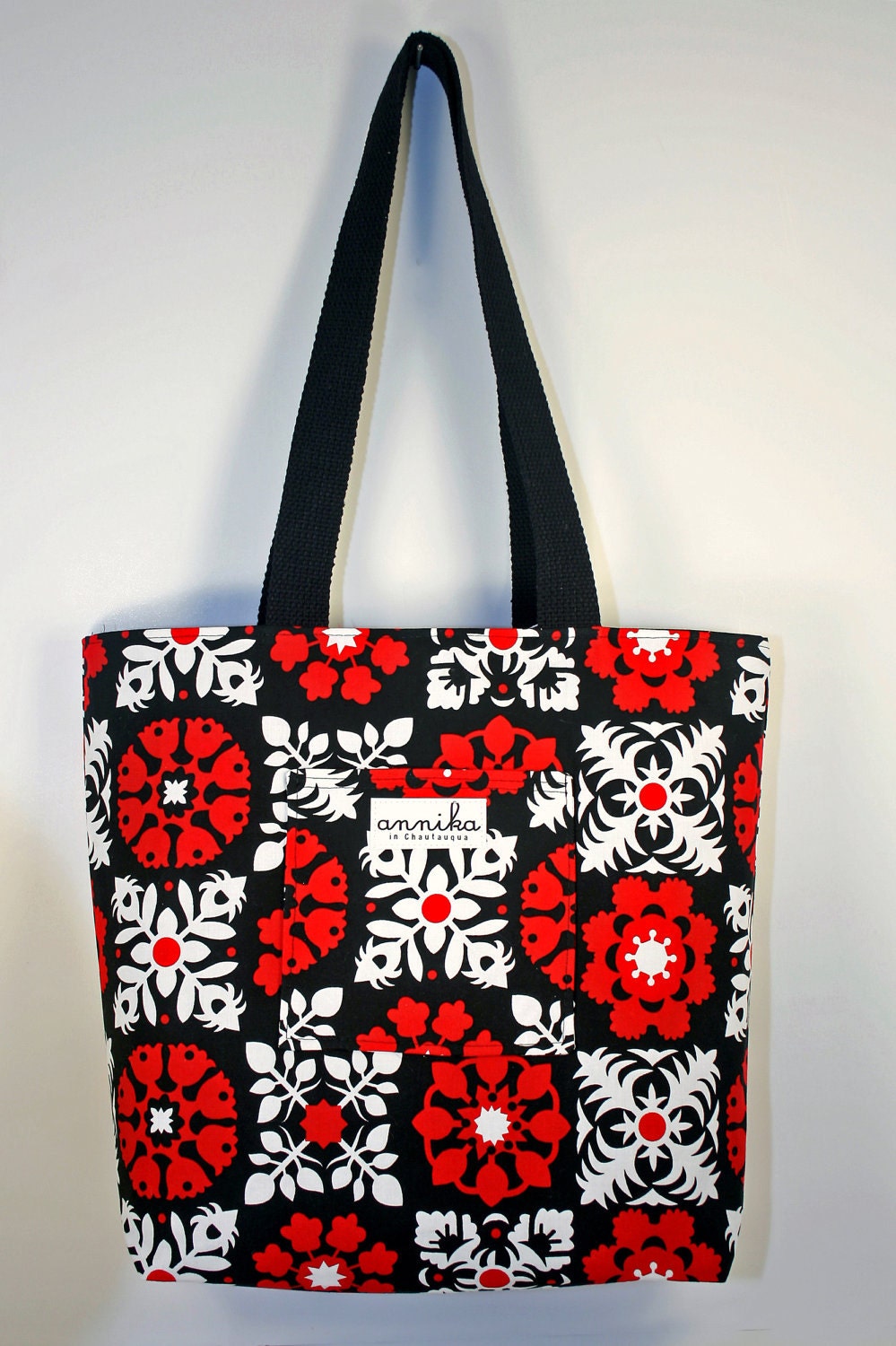 Medium Tote in a Modern Red, Black, and White Floral