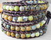 Green and brown leather wrap bracelet - beaded leather wrap - Bohemian Southwestern leather jewelry - spring summer fashion