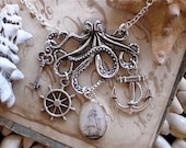The Kraken in Silver - Pirate Ship - Octopus Necklace - Anchor - Captains Wheel - Treasure Key - Antique Nautical Print Charm Necklace - TheLysineContingency