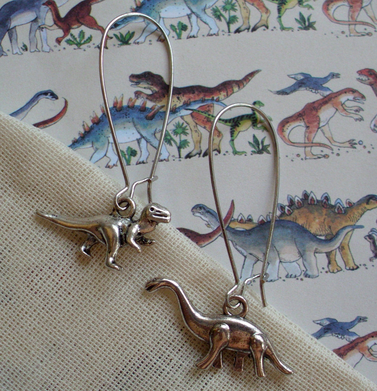 Dinosaur Earrings - Dino Dangle Earrings in Silver - Brontosaurus and Tyrannosaurus Rex / T Rex