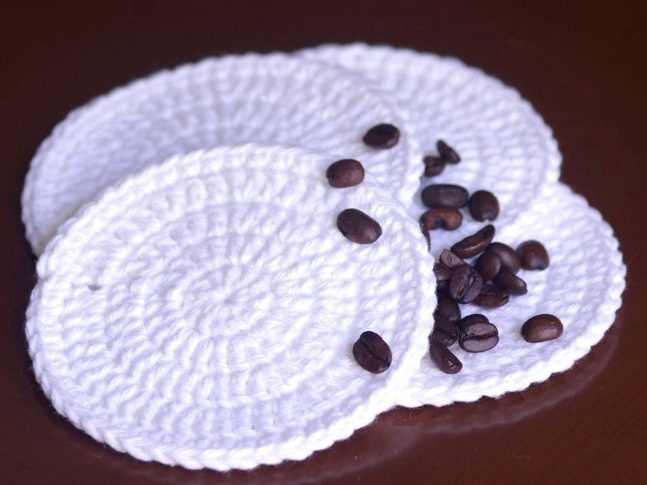 Doily Crochet Coaster Set of 4 - White - Round 4.25" / 10.5cm