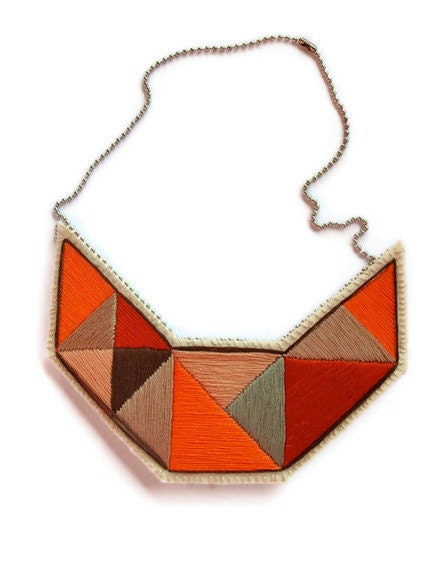 Sumer fashion bib necklace embroidered geometric triangles in beautiful neutral colors and dramatic design - AnAstridEndeavor