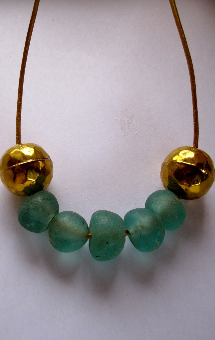 Necklace African blue glass and brass beads modern jewelry