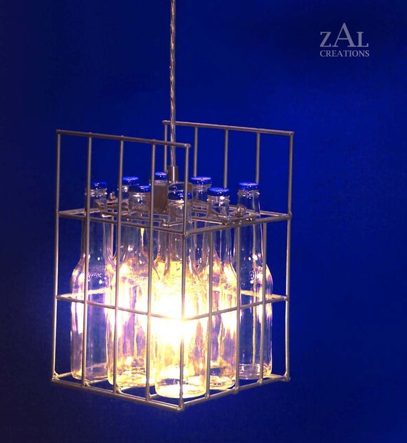 Beer bottles & Wire case Pendant Light. Crate. Lighting.