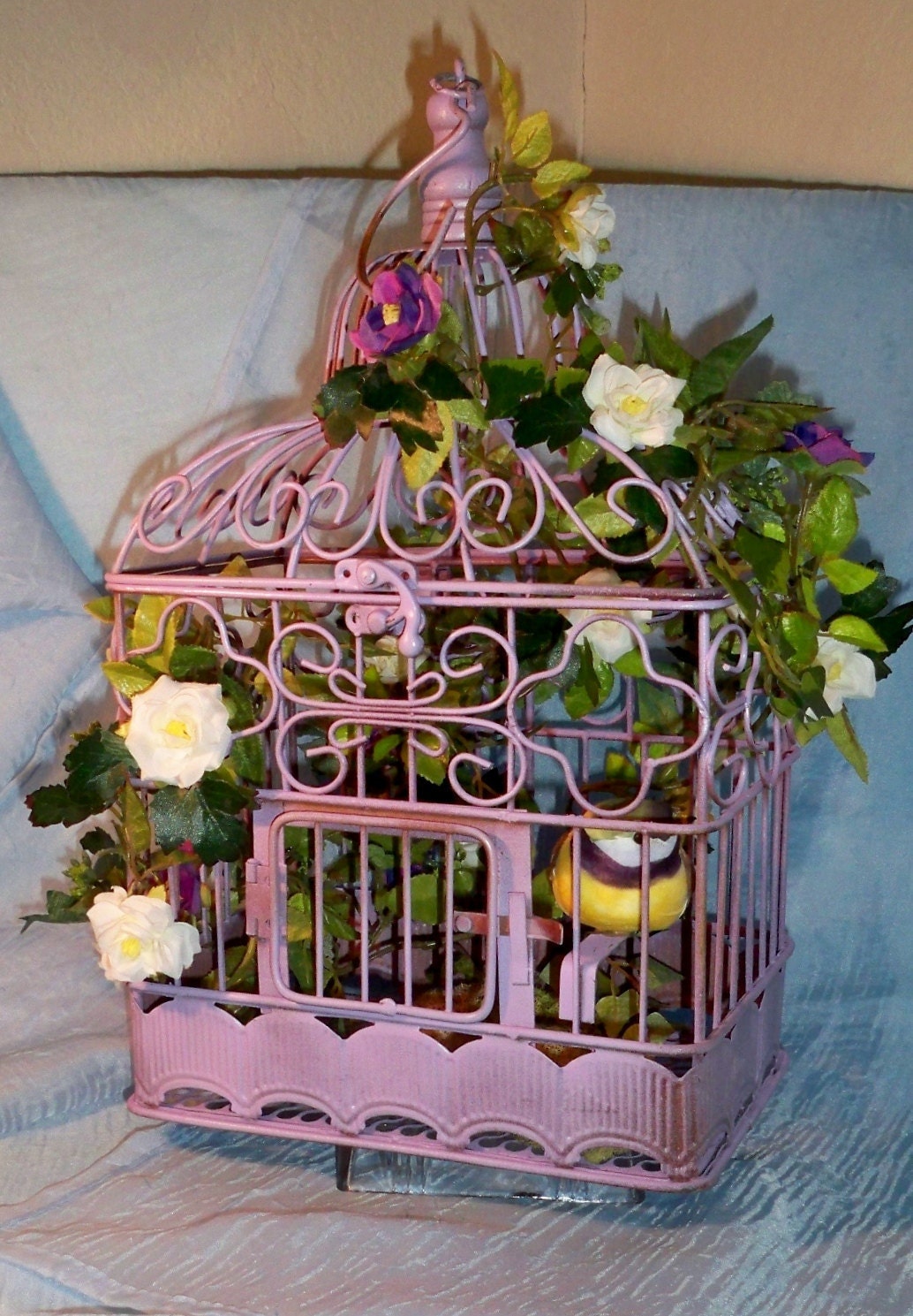 Vintage Upcycled Decorative Bird Cage with Floral Arrangement - Silks and Naturals