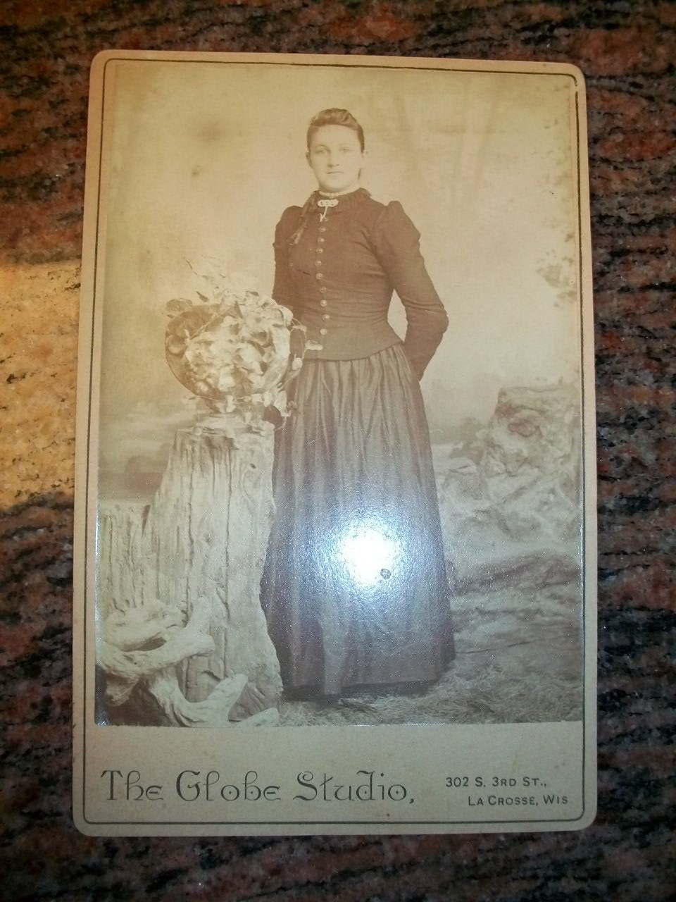1800s Cabinet Card Photograph Victorian Woman By a Stump 6 1/2" x 4 1/4"