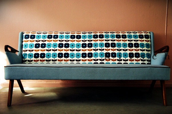 Blue Daisy 1950s Sofa- Retro Graphic Upholstered Furniture Work. Scandinavian Reproduction (SF002)