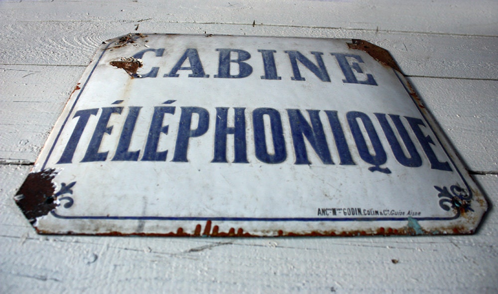 Original large Old French ENAMEL Street sign "CABINE TELEPHONIQUE"