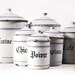 VERY LARGE French set of six WHITE and blue enamel canisters with beautiful blue and gold stripes