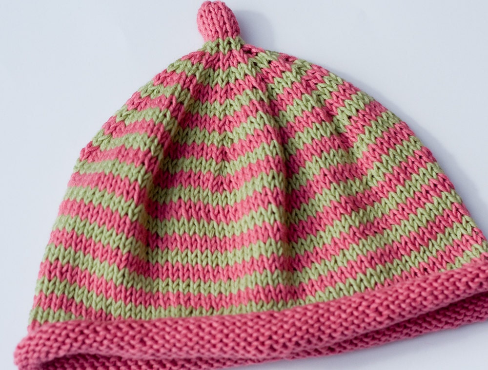 Hand knit Stripey Baby Beanie Hat - Pink/Green - 100% Fairtrade Organic Cotton 3-6 months - READY TO SHIP