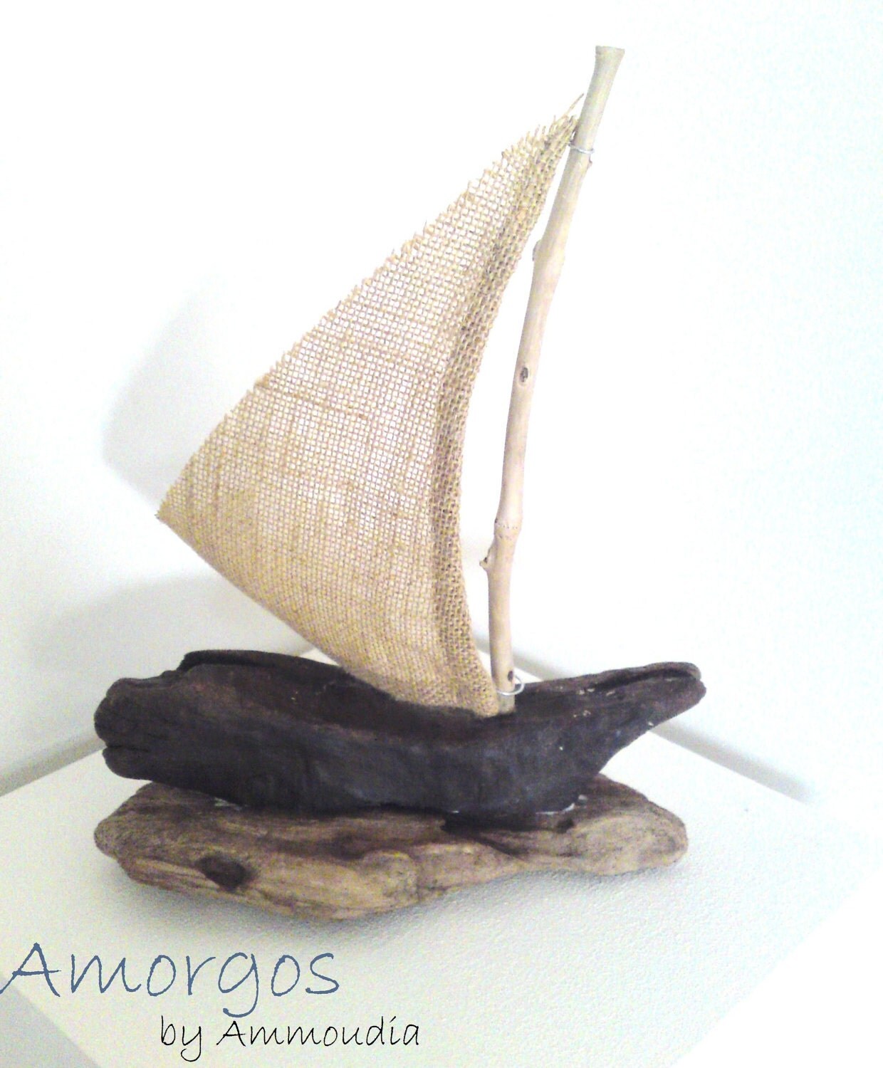 Amorgos - Driftwood sailboat with sail from burlap - handmade & one of a kind - ready to ship