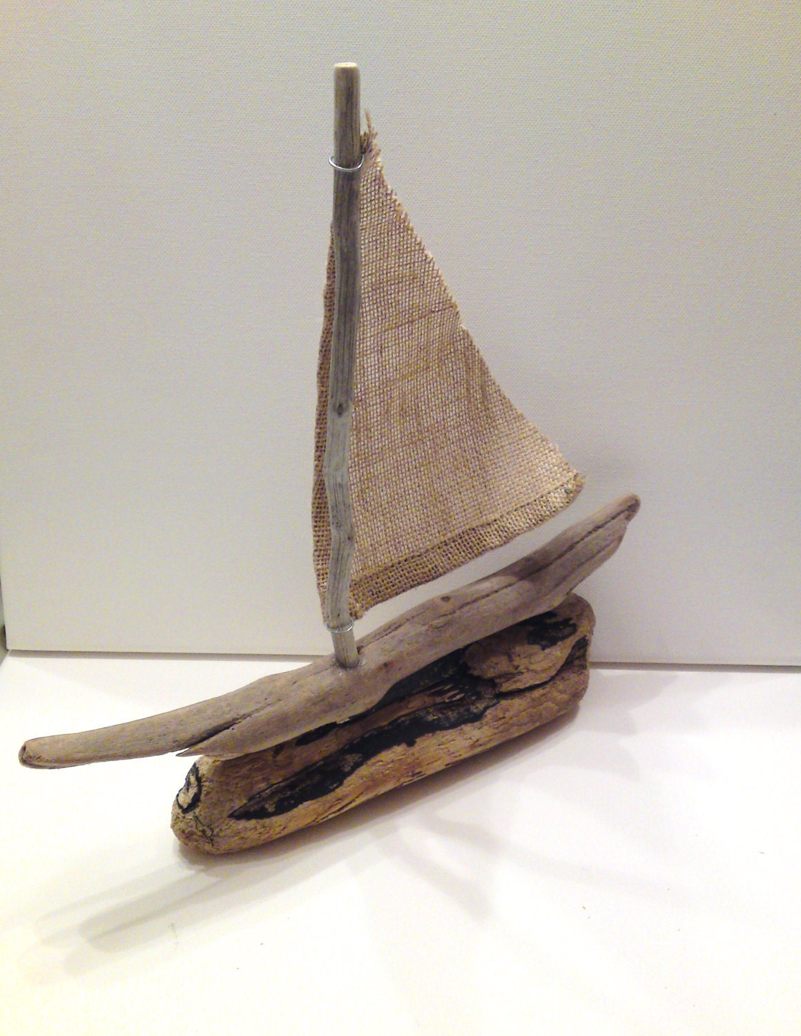 Chios - Driftwood sailboat with burlap sail- ready to ship -12" x 12"