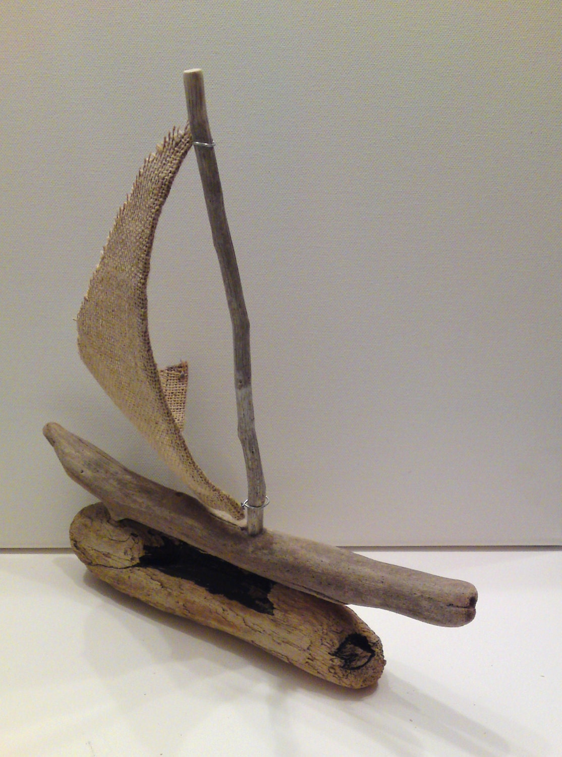Chios - Driftwood sailboat with burlap sail- ready to ship -12" x 12"