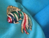 vintage beta fish brooch, red blue green enamel on gold tone metal with rhine stones, summer jewelry, nautical jewelry, maritime jewelry,