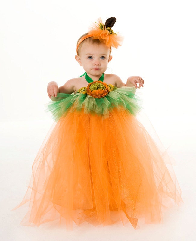 Tutu Dress - Pumpkin Halloween Costume - Orange & Green - Gorgeous Gourd - 12 Month to 2 Toddler Girl Il_170x135