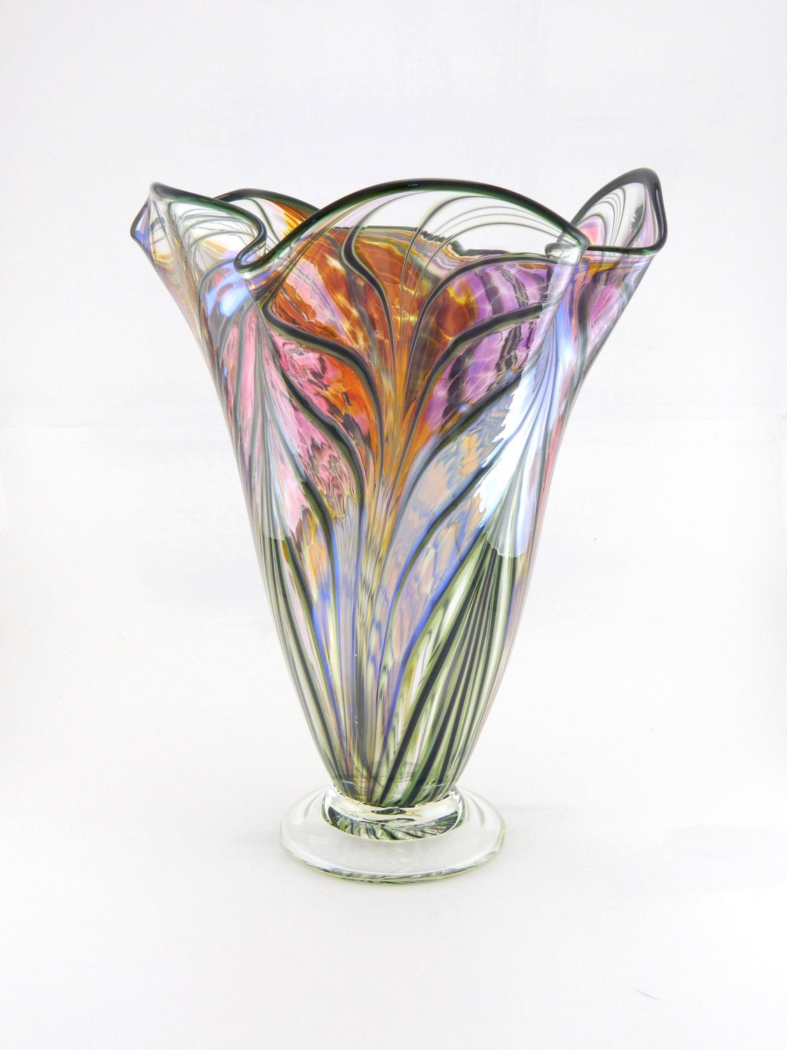 Hand Blown Art Glass Vase - Iridescent Amber, Purple, and Pink - Fluted - Freeform
