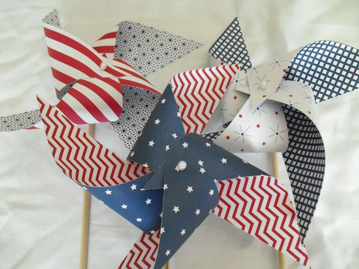 6 Large Spinning Americana Pinwheels in Red White Blue