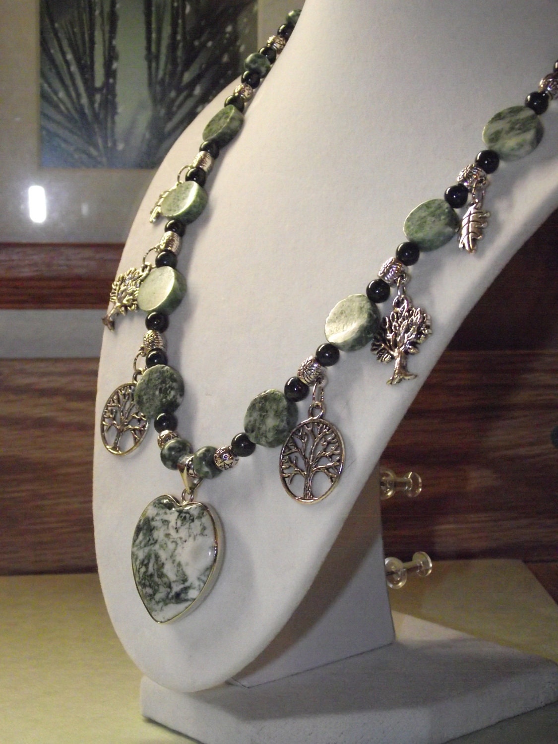 Tree Agate in 18K White Gold Pendant silver, malachite and Jasper Beaded Necklace