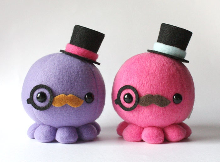 Moustache Octopus Plush w/ Top Hat and Monocle - Choose Colors