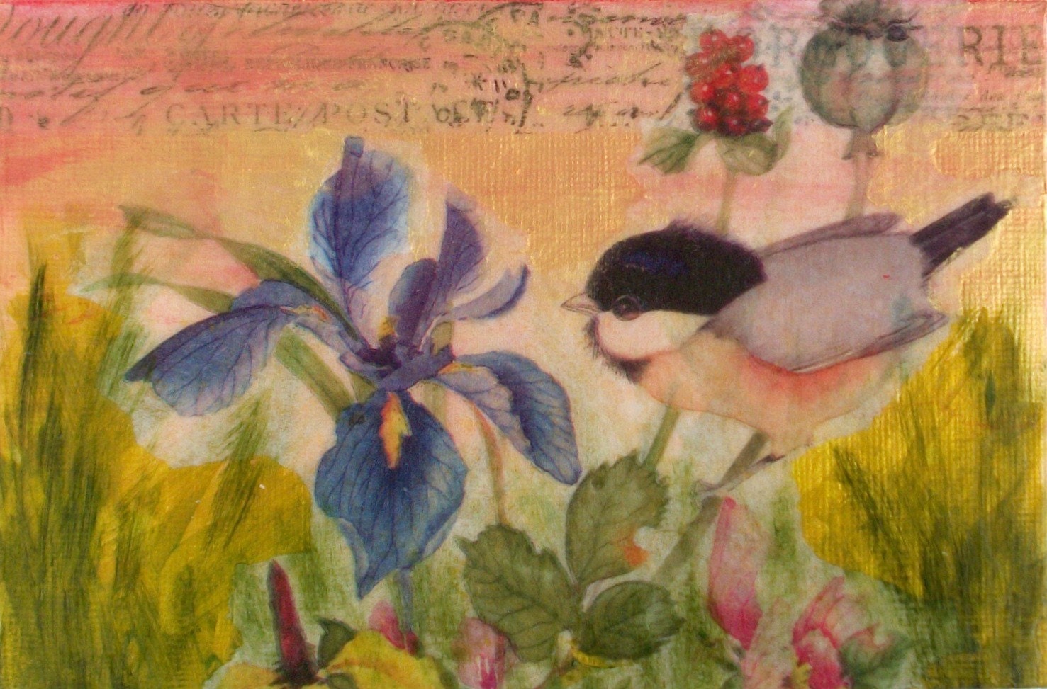 RESERVED -Original Mixed Media Chickadee Bird Collage, Sunset, shabby chic, country charm, home decor