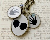 Custom Child Silhouette Pendant Necklace with two Custom Handprint Pendants & 2 Birthstone Dangles