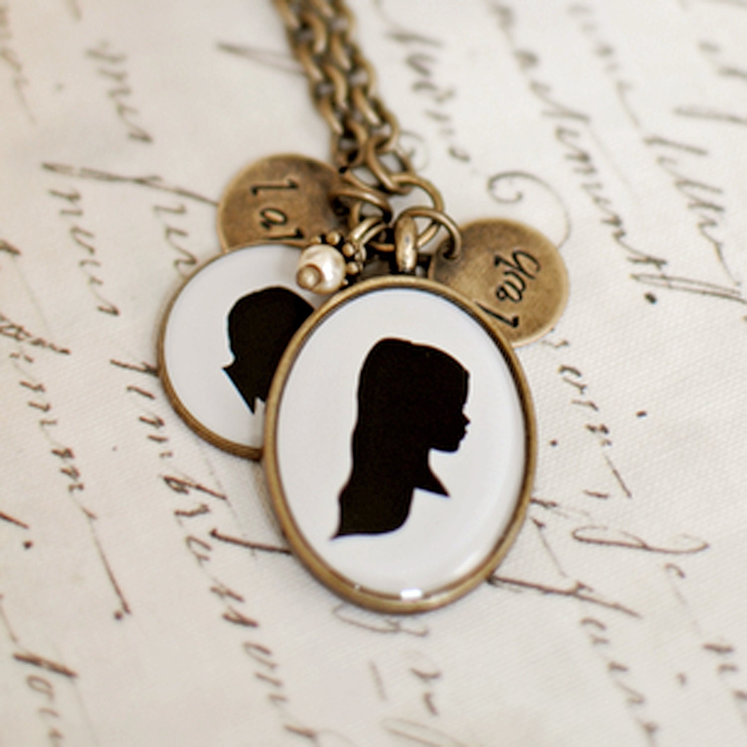 Custom 2 Pendant Brass Necklace with Initial Stamps and Pearl Dangle for Mother or Grandmother