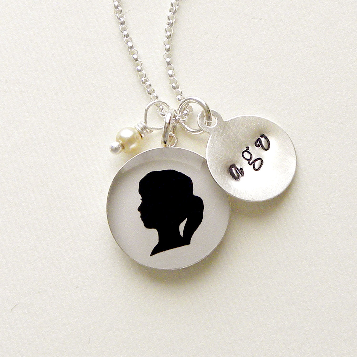 Large Sterling Personalized Child or Pet Silhouette Pendant & Stamped Initial Charm Necklace