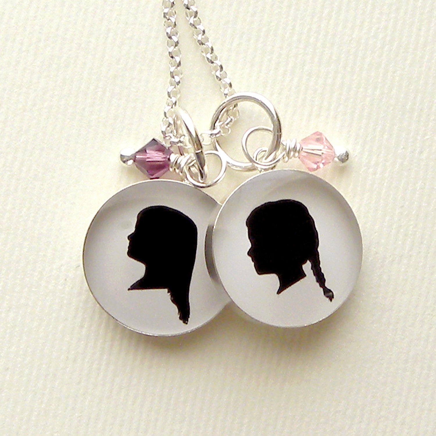 Two Sterling Pendant Necklace with Custom Silhouettes and Birthstones for Mother or Grandmother