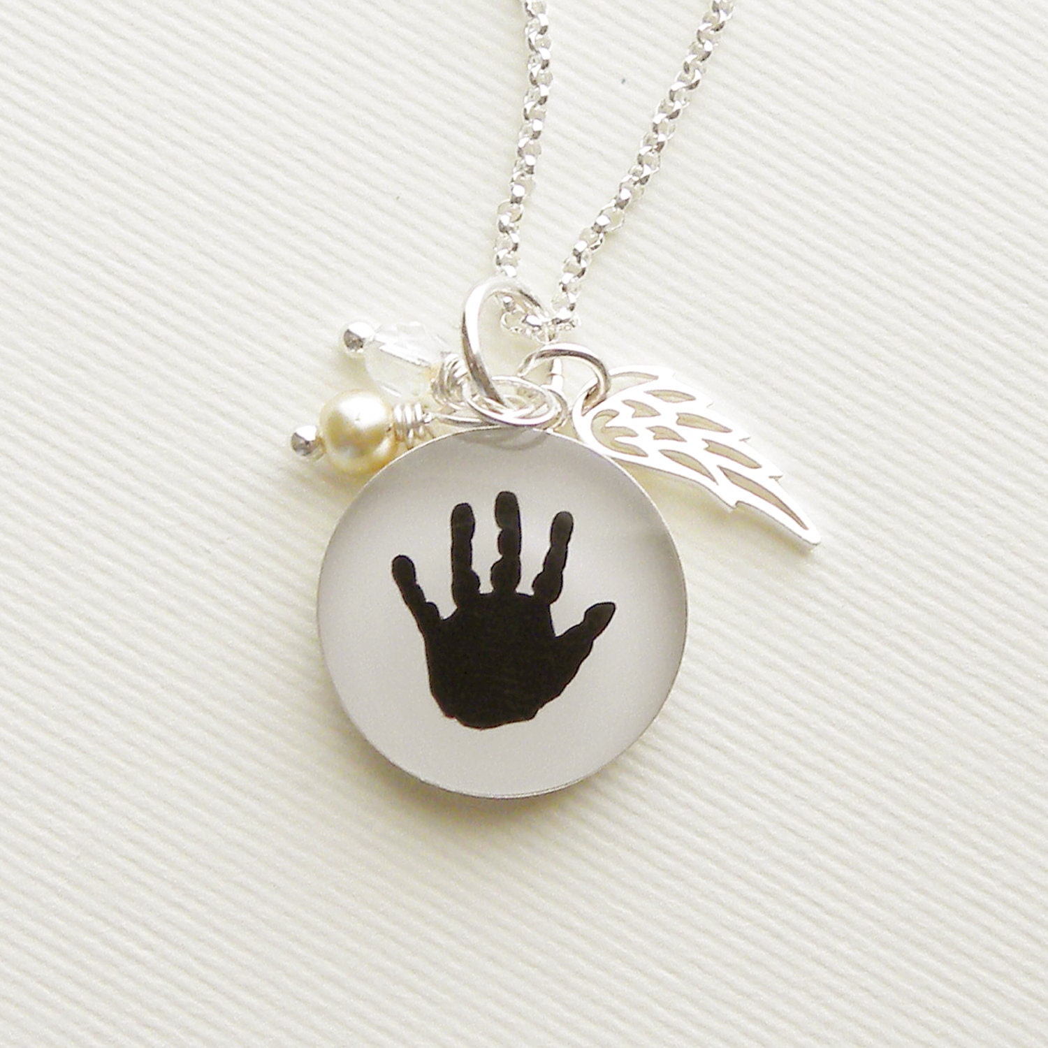 Mother's Day Baby Handprint Memory Necklace with Sterling Wing Charm and Pearl & Crystal Dangles for Mother