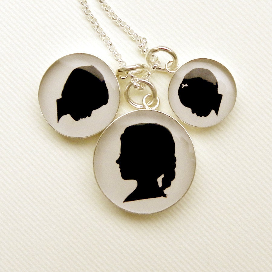 Three Pendant Custom Child or Pet Silhouette Necklace in Sterling Silver