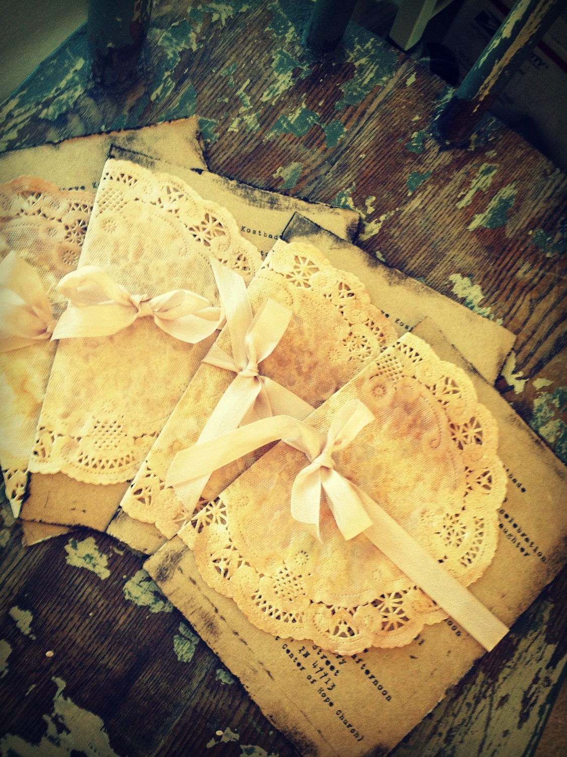 Wedding Invitation Handmade Hand stamped shabby country chic Country Chic doilies doily