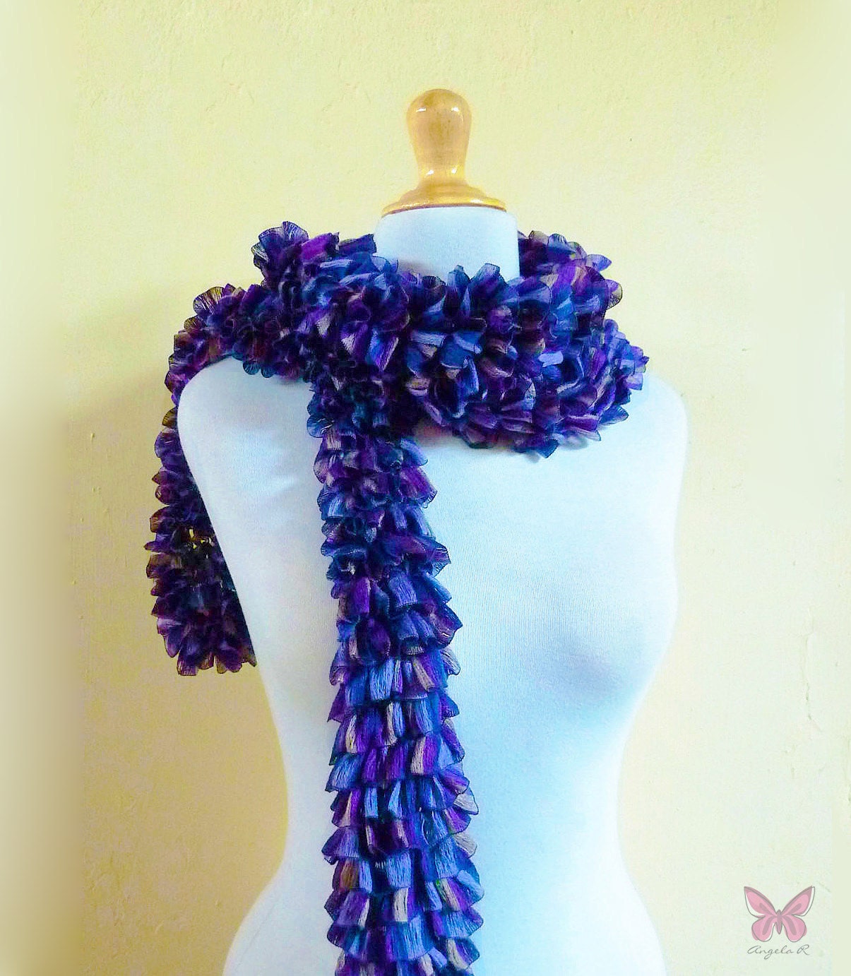 MEGA Sale - HARLEQUIN Ruffled Scarf - Marine blue / Violet / Lavender / Beige - knitted, ruffle - short ruffles