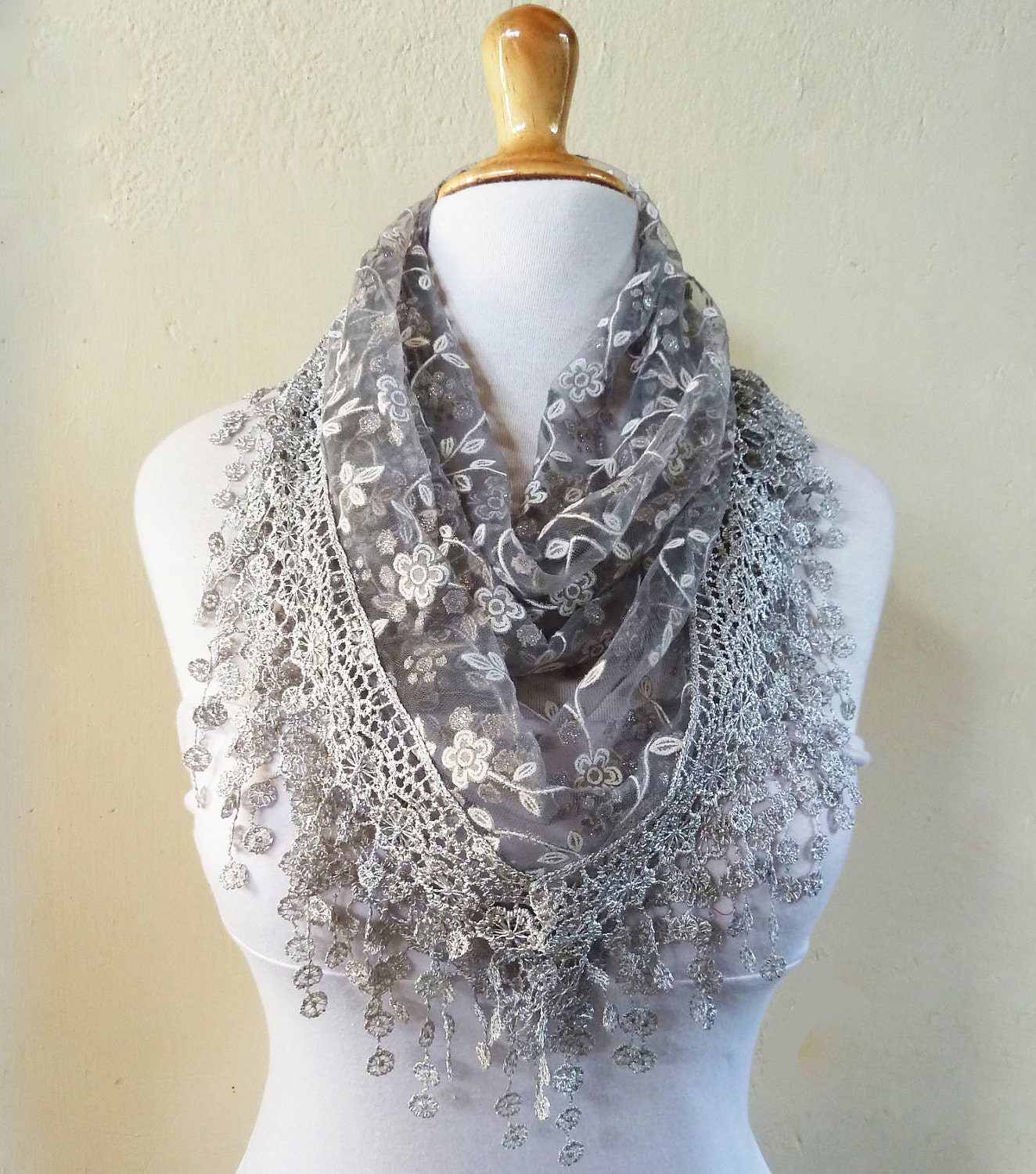 Scarf SILVER with floral print and rich lace edge - scarflette shawl neckwarmer - Spring / Summer
