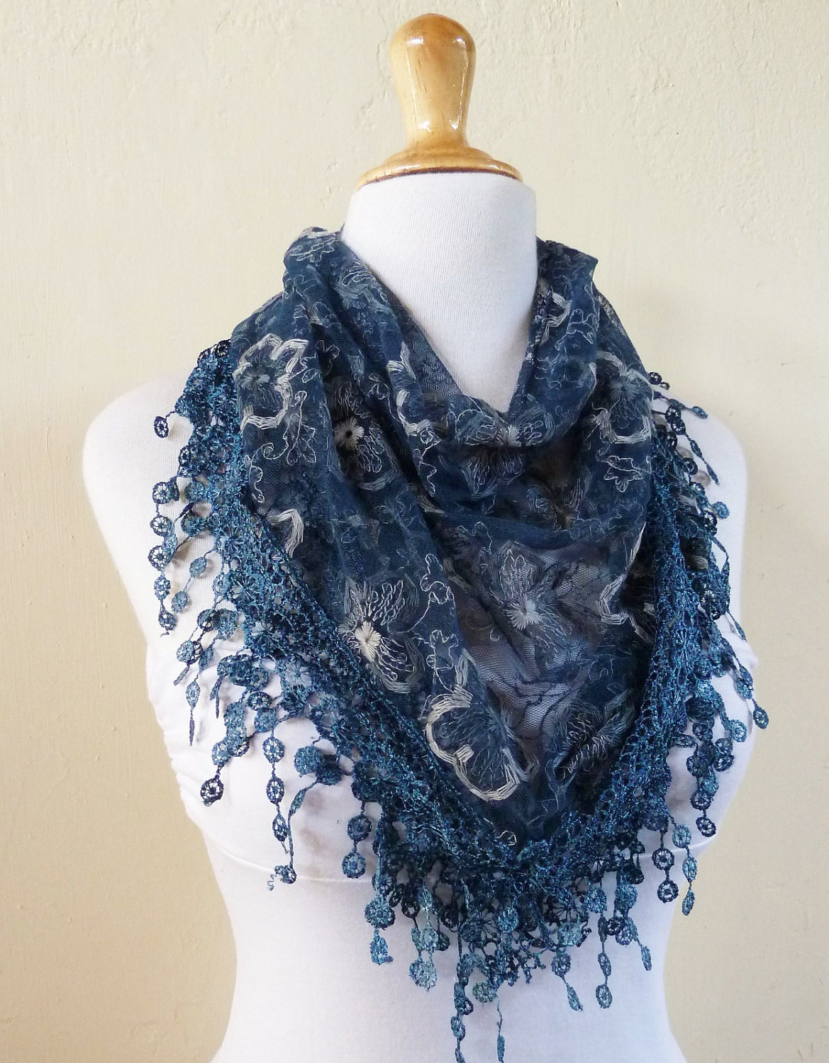 Womens scarf PETROL BLUE with floral embroidery and rich lace edge - scarflette shawl neckwarmer - Spring / Summer