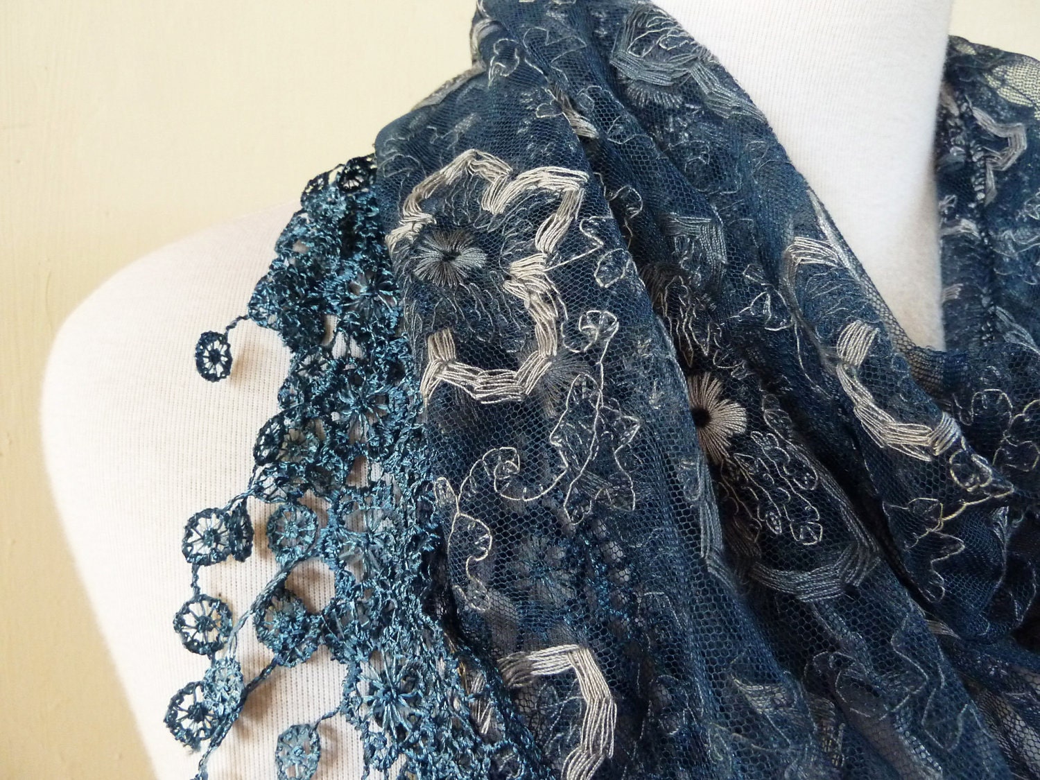 Womens scarf PETROL BLUE with floral embroidery and rich lace edge - scarflette shawl neckwarmer - Spring / Summer