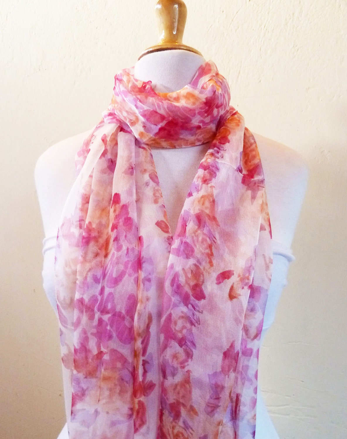 Womens Silk scarf PINKS & Orange with floral print - pure silk - scarflette neckwarmer - Spring / Summer