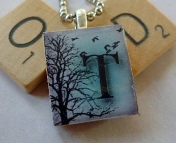 Scrabble Tile Pendant-Wintery Letter T-Initials-(I8)  Buy 3 Get 1 Free on all Scrabble Tile Pendant