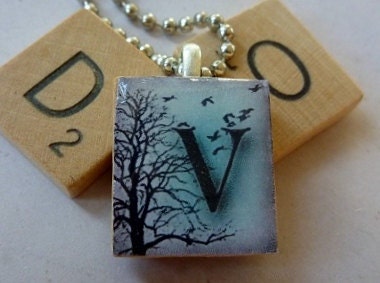 Scrabble Tile Pendant-Wintery Letter V-Initials-(I21)  Buy 3 Get 1 Free on all Scrabble Tile Pendants