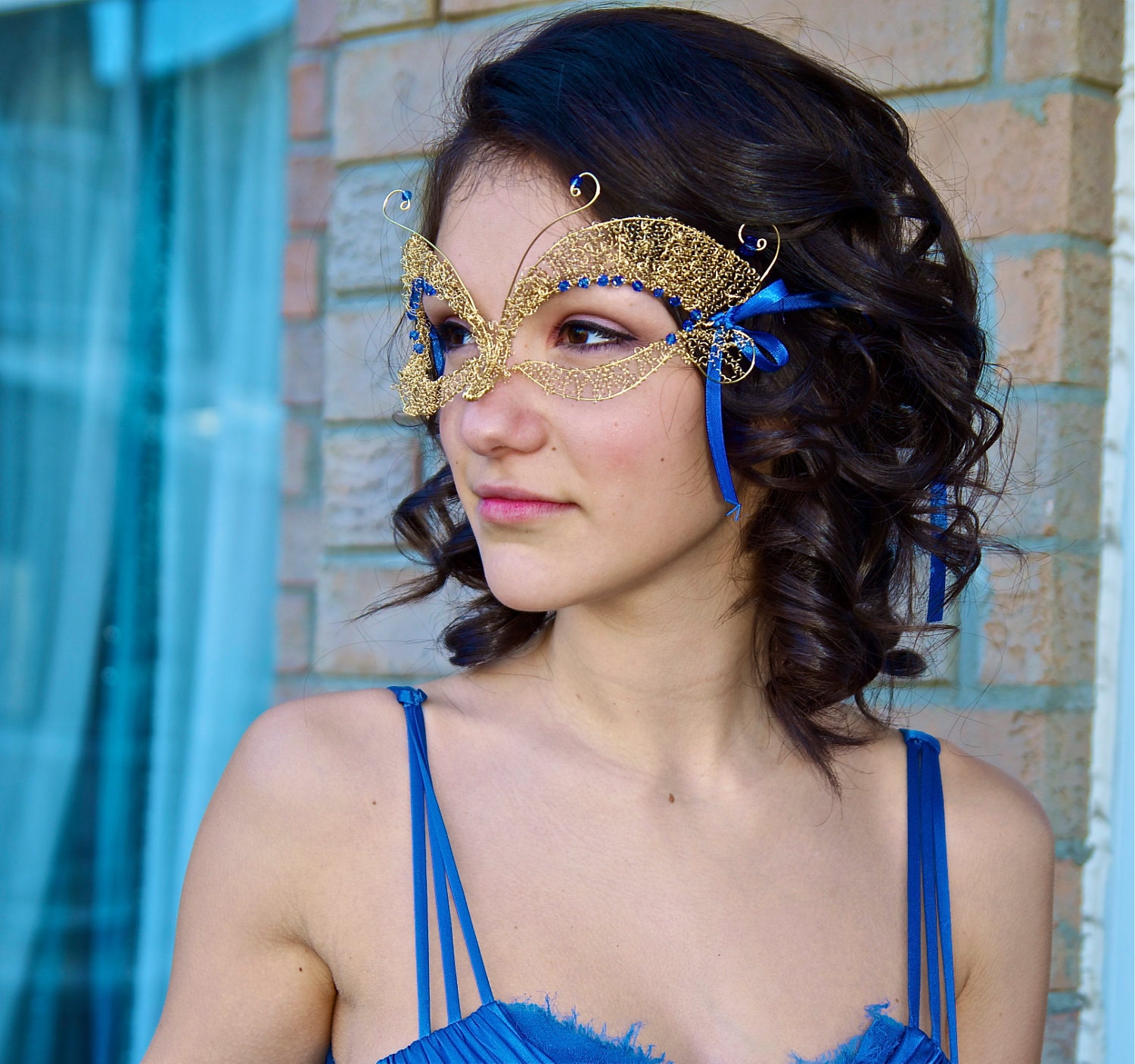Sapphire and gold Butterfly Wire Masquerade Mask
