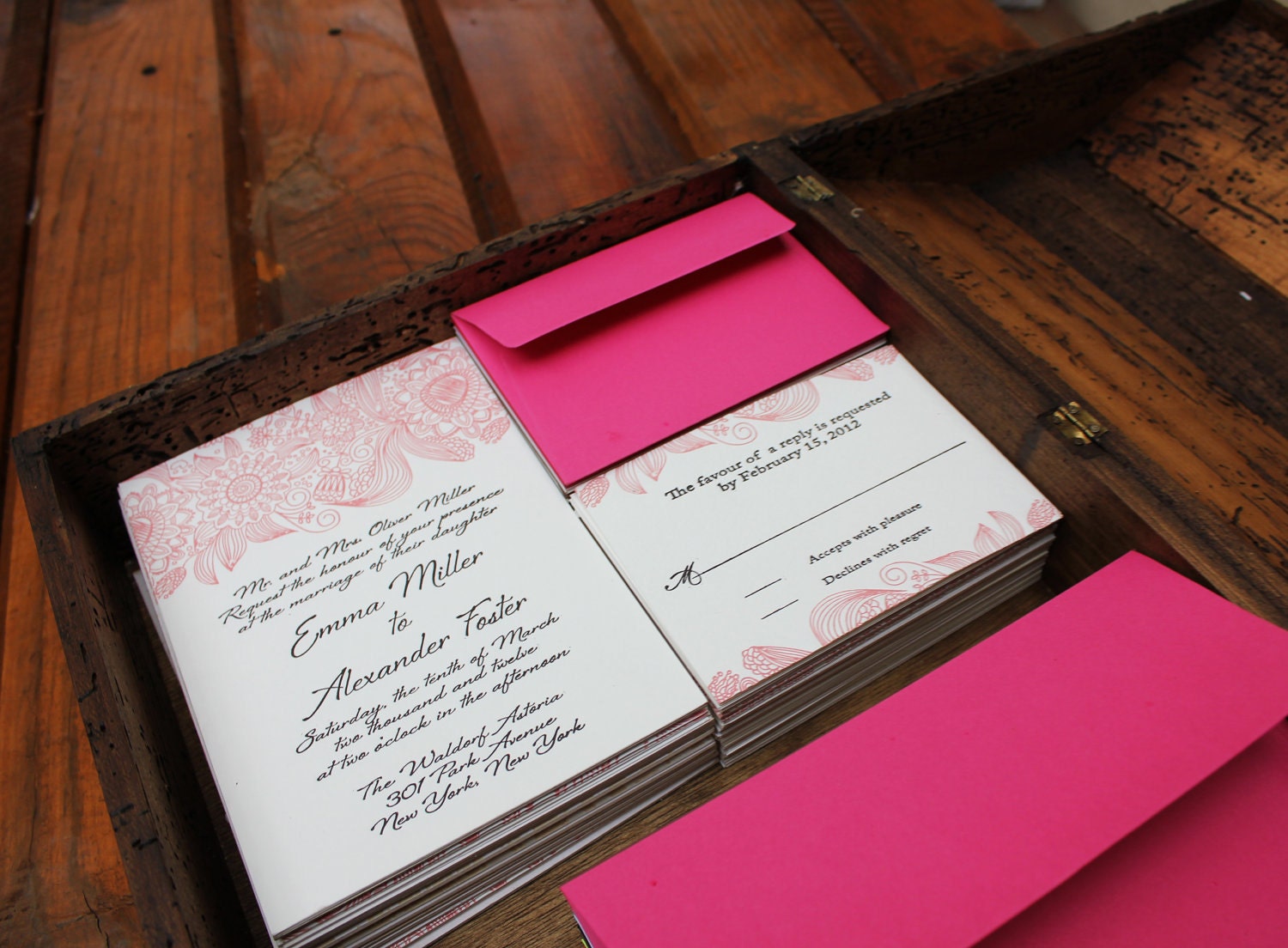 Custom Letterpress Wedding Invitations - Hot Pink Garden - shipped with a beautiful rustic box and guest book. 100 Invites.