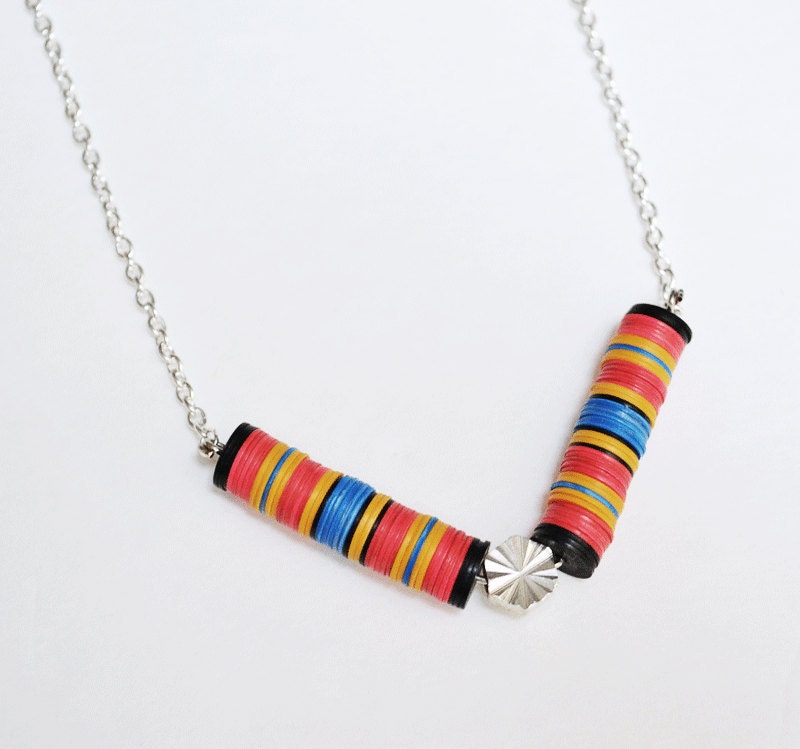 Geometric Chevron necklace african record beads blue pink black yellow stripe