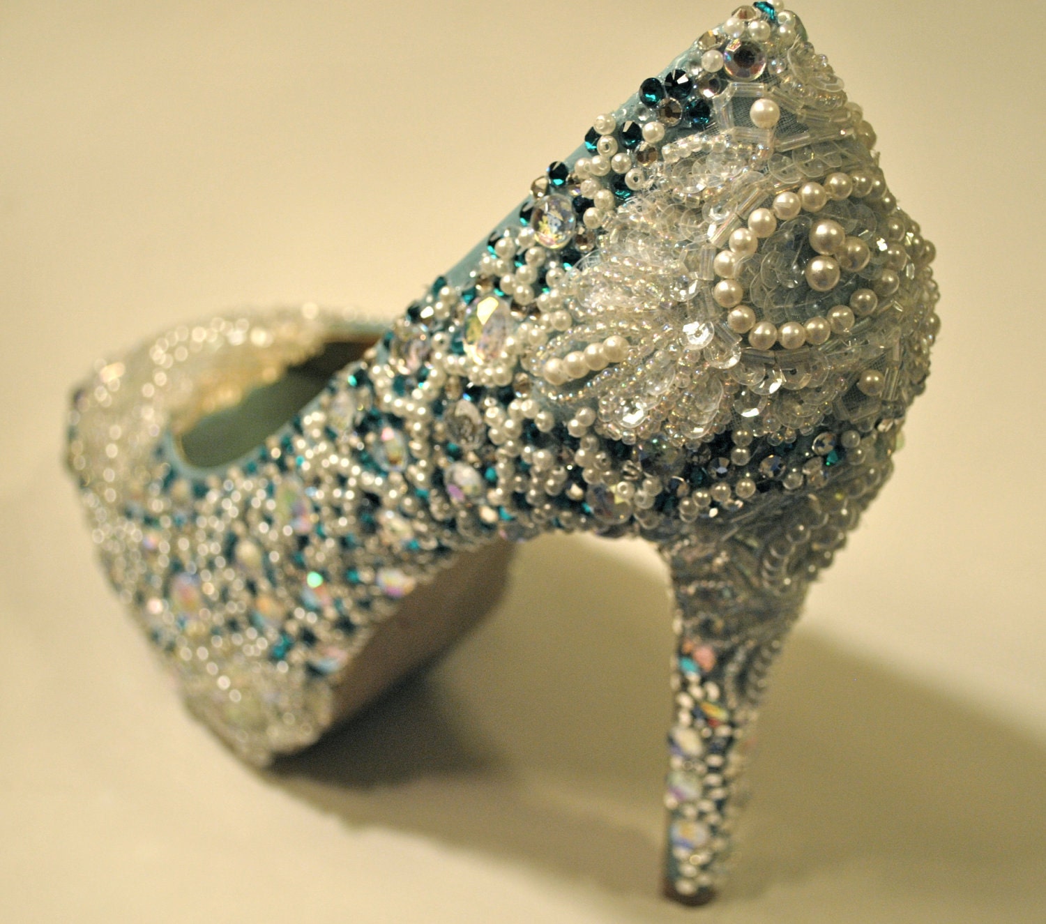 Bridal Wedding Heels Shoes - Teal Blue Swarovski Crystal - Rhinestone Pearls & Lace