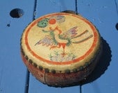 Antique Chinese Wood Handpainted Leather Drum Folk Art  Home Decor Asian -- Free Priority Shipping Included