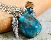 Feather Wing Charm Trio Necklace - Turquoise Colored Polished Agate Gemstone Focus with Swarovski Glass Crystal Cluster and Silver Accents